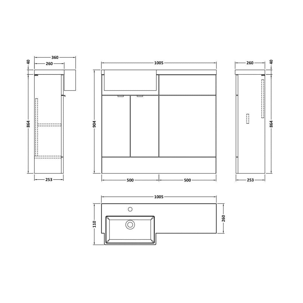 Hudson Reed Fusion 1000mm Combination Unit & Left Hand Semi Recessed Basin Contemp Anthracite Woodgrain MFC Textured Woodgrain 904x1005x360mm - CBI548 - JJ Building Materials