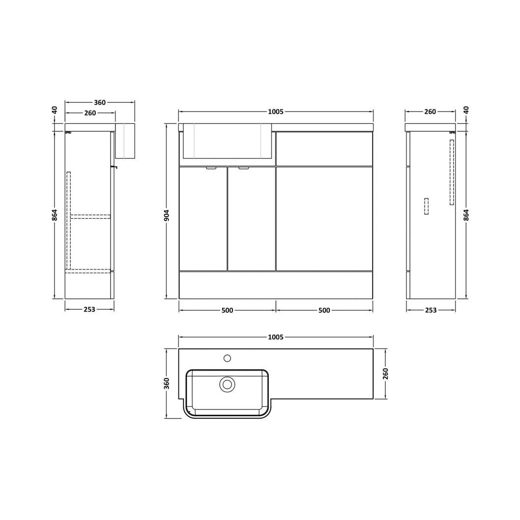 Hudson Reed Fusion 1000mm Combination Unit & Left Hand Semi Recessed Basin Contemp Charcoal Black MFC Textured Woodgrain 904x1005x360mm - CBI644 - JJ Building Materials