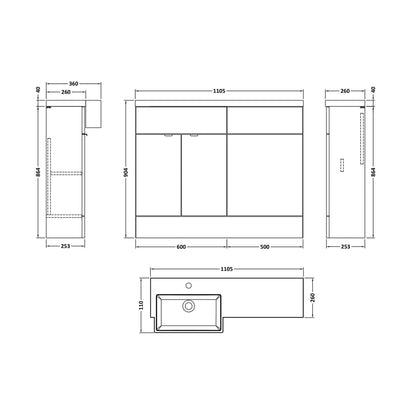 Hudson Reed Fusion 1100mm Combination Unit & Left Hand Semi Recessed Basin Contemp Anthracite Woodgrain MFC Textured Woodgrain 904x1105x360mm - CBI550 - JJ Building Materials