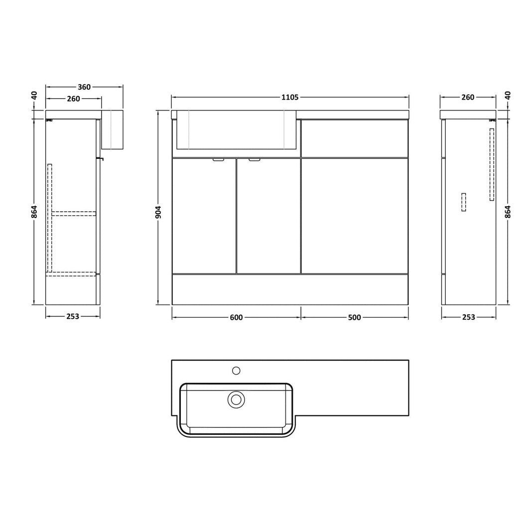 Hudson Reed Fusion 1100mm Combination Unit & Left Hand Semi Recessed Basin Contemp Charcoal Black MFC Textured Woodgrain 904x1105x360mm - CBI646 - JJ Building Materials