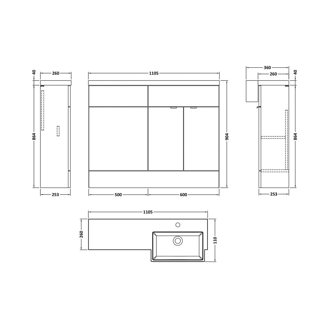 Hudson Reed Fusion 1100mm Combination Unit & Right Hand Semi Recessed Basin Contemp Charcoal Black MFC Textured Woodgrain 904x1105x360mm - CBI651 - JJ Building Materials