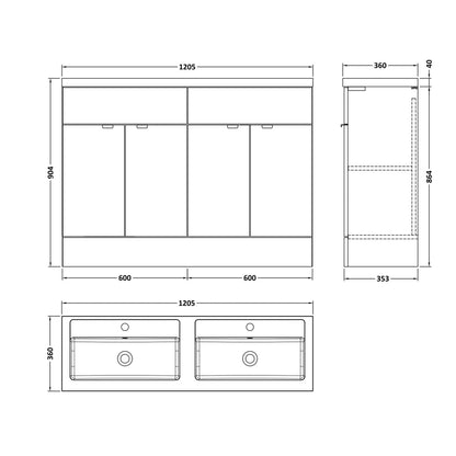 Hudson Reed Fusion 1200mm Fs 4-door Vanity & Double Basin Contemp Bleached Oak MFC Textured Woodgrain 904x1205x355mm - CBI3034 - JJ Building Materials