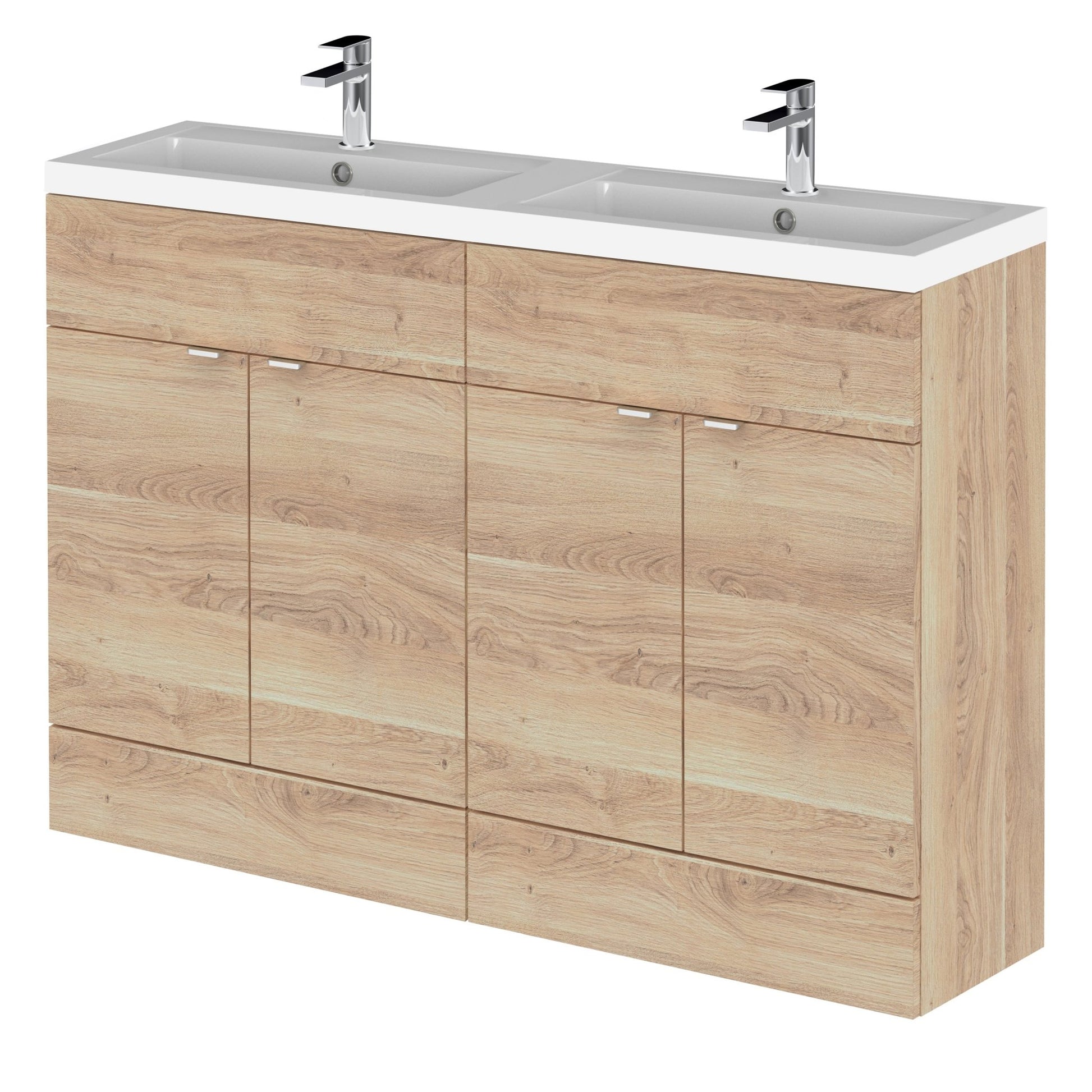 Hudson Reed Fusion 1200mm Fs 4 - door Vanity & Double Basin Contemp Bleached Oak MFC Textured Woodgrain 904x1205x355mm - CBI3034A - JJ Building Materials
