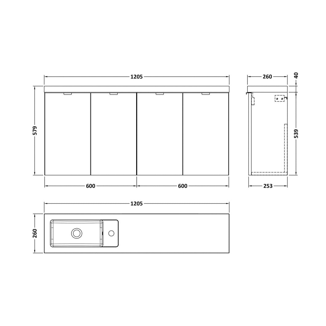 Hudson Reed Fusion 1200mm Vanity Unit & Basin - Compact Contemp Gloss Grey MFC Painted Gloss 579x1205x260mm - JJ Building Materials