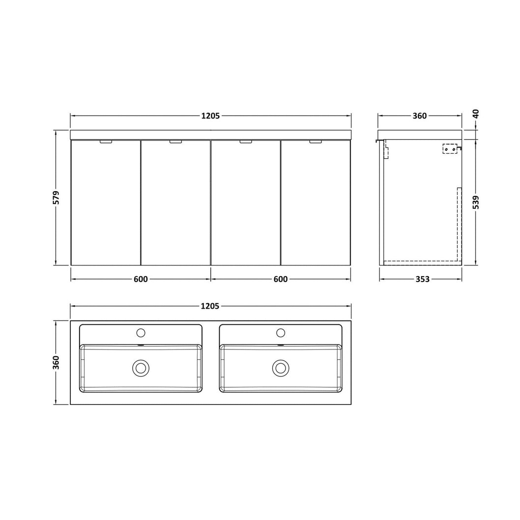 Hudson Reed Fusion 1200mm Vanity Unit & Double Basin Contemp Anthracite Woodgrain MFC Textured Woodgrain 579x1205x360mm - CBI533 - JJ Building Materials