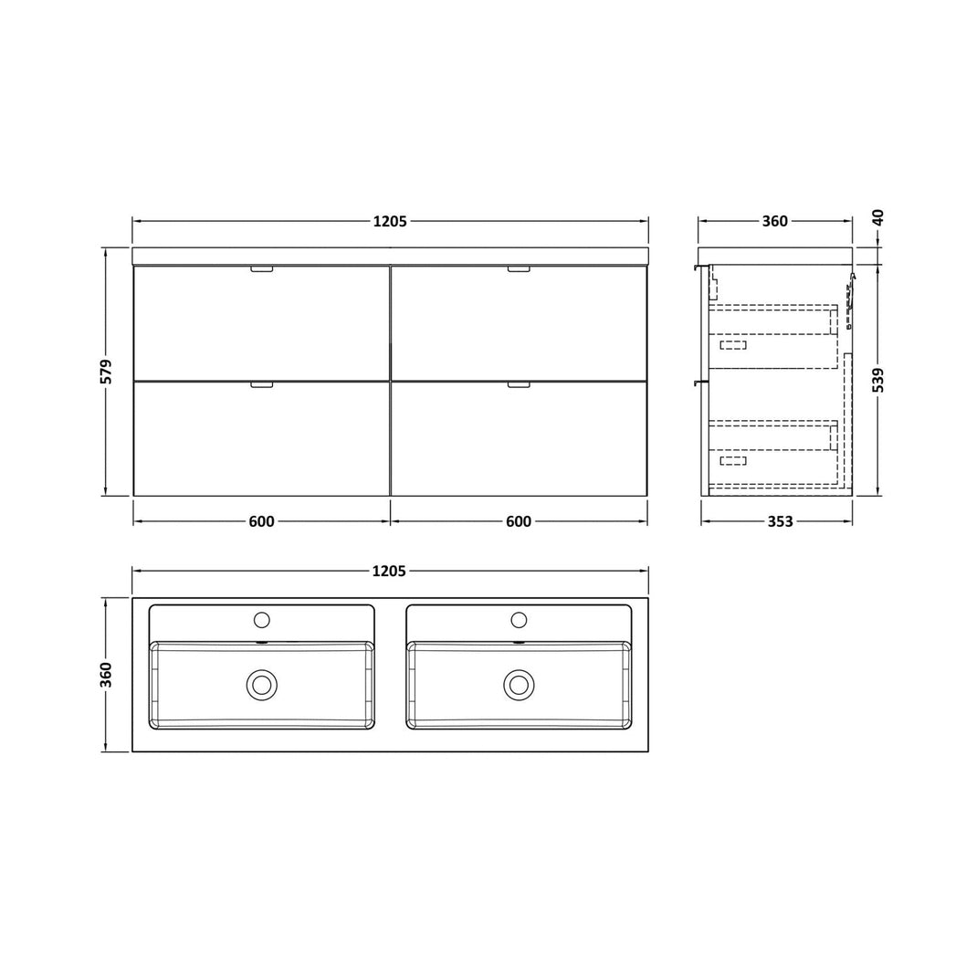 Hudson Reed Fusion 1200mm Vanity Unit & Double Basin Contemp Charcoal Black MFC Textured Woodgrain 579x1205x360mm - CBI632 - JJ Building Materials