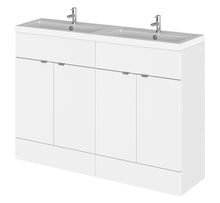 Hudson Reed Fusion 1200mm Vanity Unit & Double Basin Contemp Gloss White MFC Painted Gloss 904x1205x360mm - JJ Building Materials