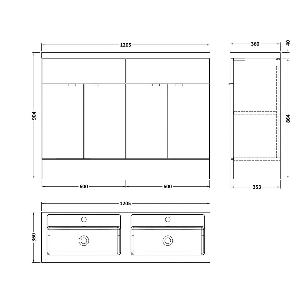 Hudson Reed Fusion 1200mm Vanity Unit & Double Basin Contemp Gloss White MFC Painted Gloss 904x1205x360mm - JJ Building Materials