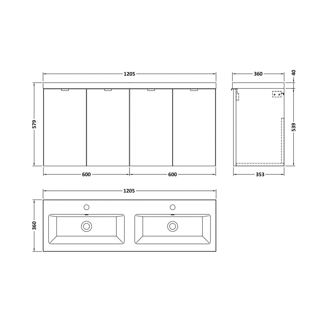 Hudson Reed Fusion 1200mm Vanity Unit & Double Ceramic Basin Contemp Charcoal Black MFC Textured Woodgrain 579x1208x360mm - CBI633A - JJ Building Materials