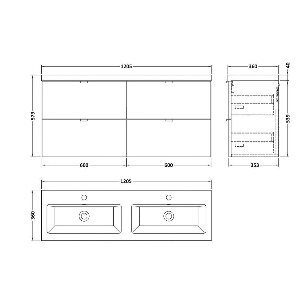 Hudson Reed Fusion 1200mm Vanity Unit & Double Ceramic Basin Contemp Gloss Grey MFC Painted Gloss 579x1208x360mm - CBI932A - JJ Building Materials