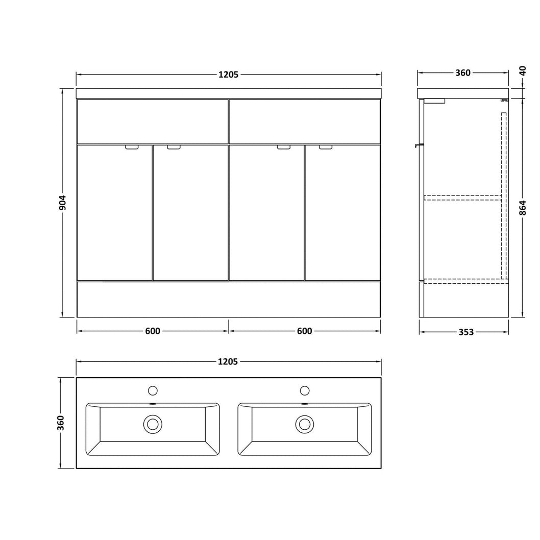 Hudson Reed Fusion 1200mm Vanity Unit & Double Ceramic Basin Contemp Gloss Grey MFC Painted Gloss 904x1208x360mm - JJ Building Materials