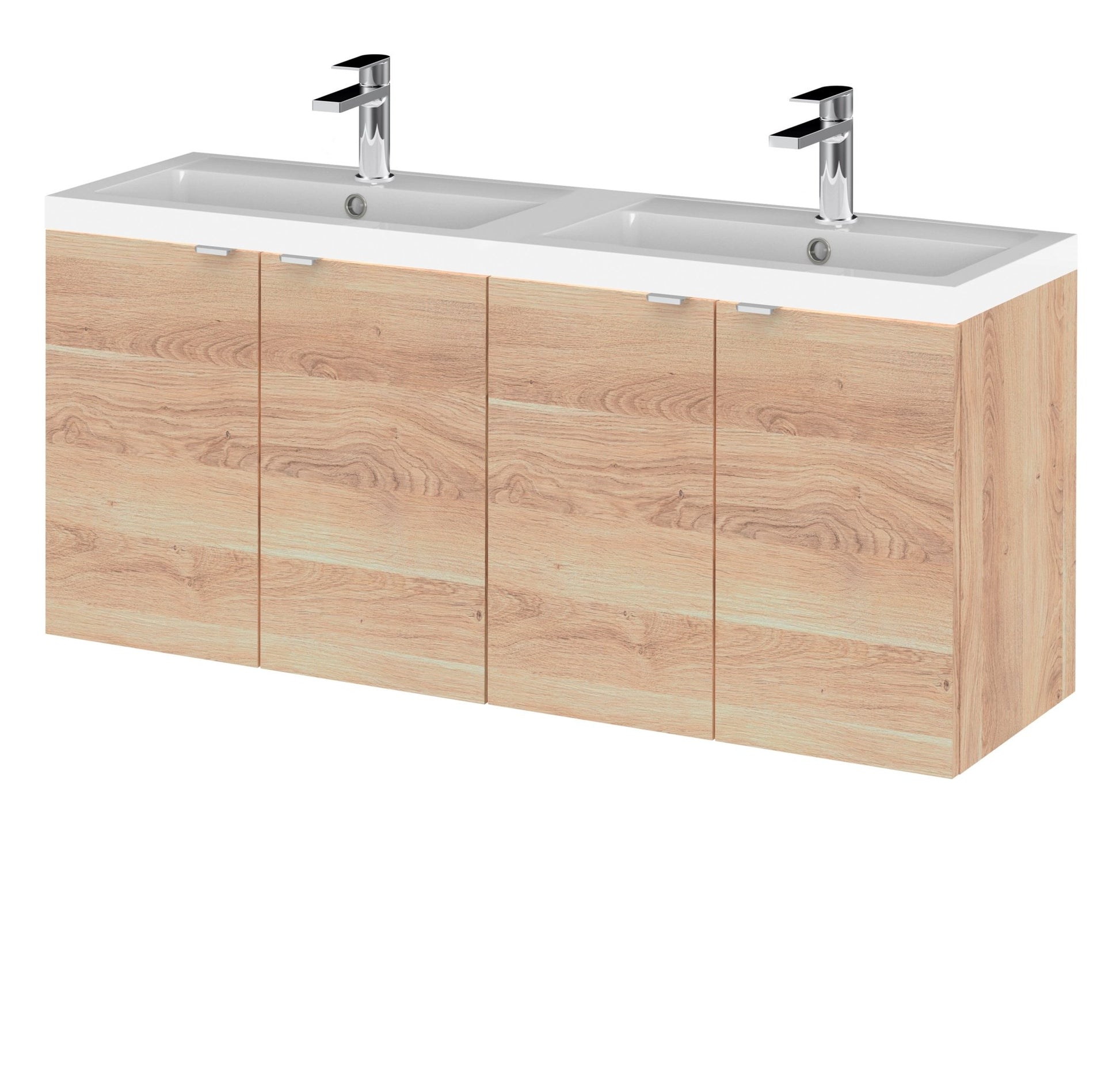 Hudson Reed Fusion 1200mm Wh 4 - door Vanity & Double Basin Contemp Bleached Oak MFC Textured Woodgrain 580x1205x383mm - CBI3033 - JJ Building Materials