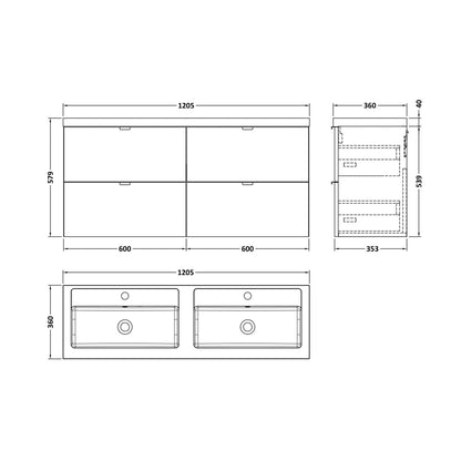 Hudson Reed Fusion 1200mm Wh 4-drawer Vanity & Double Basin Contemp Bleached Oak MFC Textured Woodgrain 580x1205x383mm - CBI3032 - JJ Building Materials