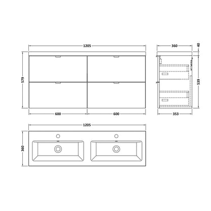 Hudson Reed Fusion 1200mm Wh 4-drawer Vanity & Double Basin Contemp Bleached Oak MFC Textured Woodgrain 580x1205x383mm - CBI3032A - JJ Building Materials