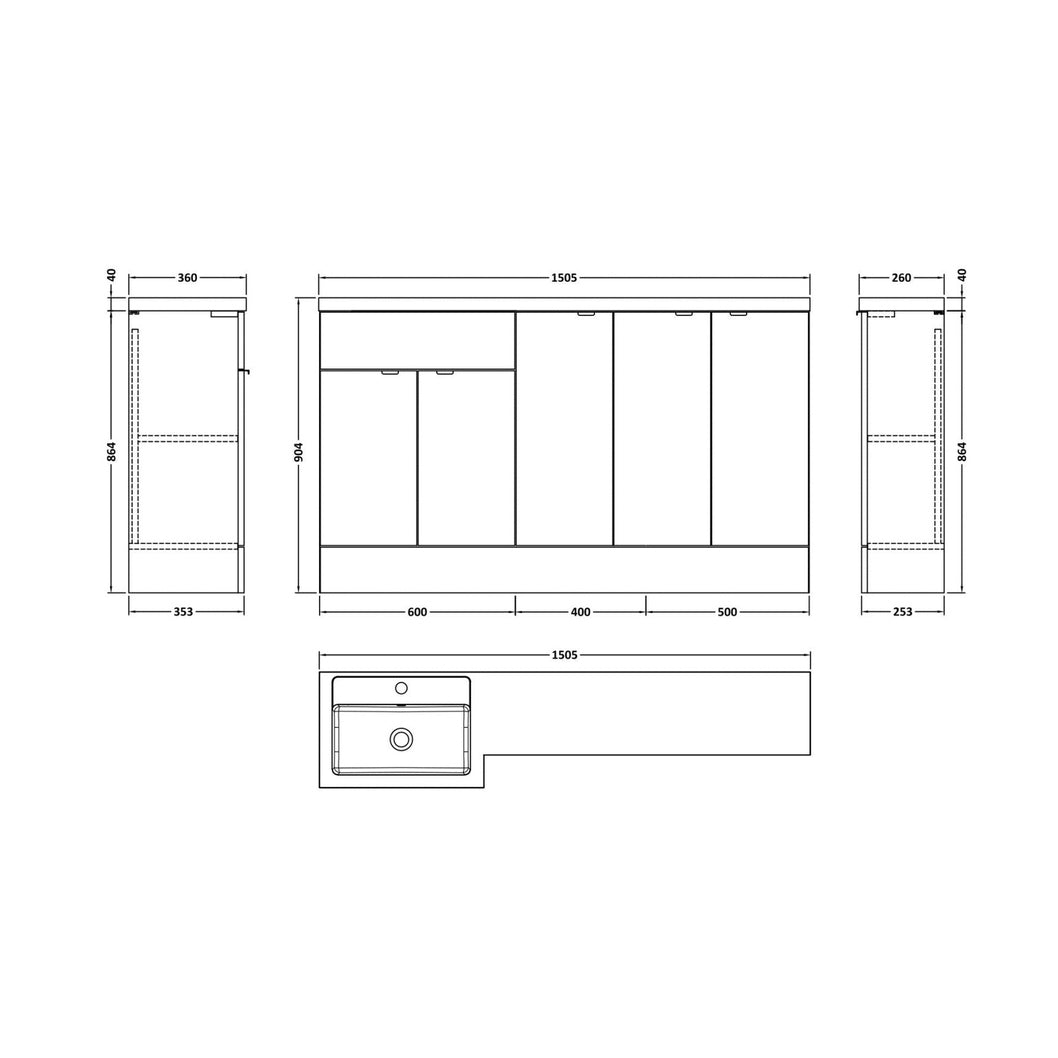 Hudson Reed Fusion 1500mm Combination Contemp Charcoal Black MFC Textured Woodgrain 904x1505x360mm - JJ Building Materials