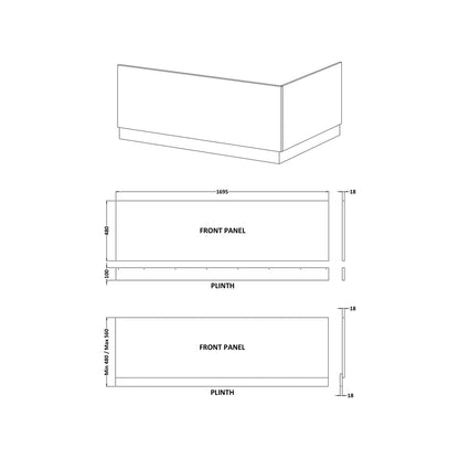 Hudson Reed Fusion 1700mm Bath Front Panel & Plinth Contemp Charcoal Black MFC Textured Woodgrain 560x1695x36mm - JJ Building Materials