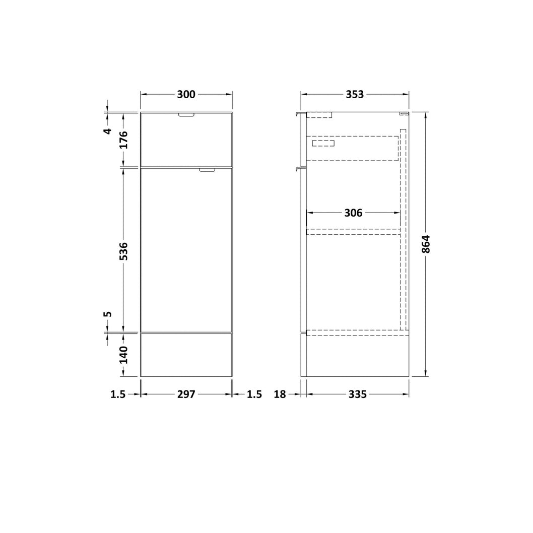 Hudson Reed Fusion 300mm Drawer Lined Unit Contemp Gloss White MFC Painted Gloss 864x300x355mm - JJ Building Materials