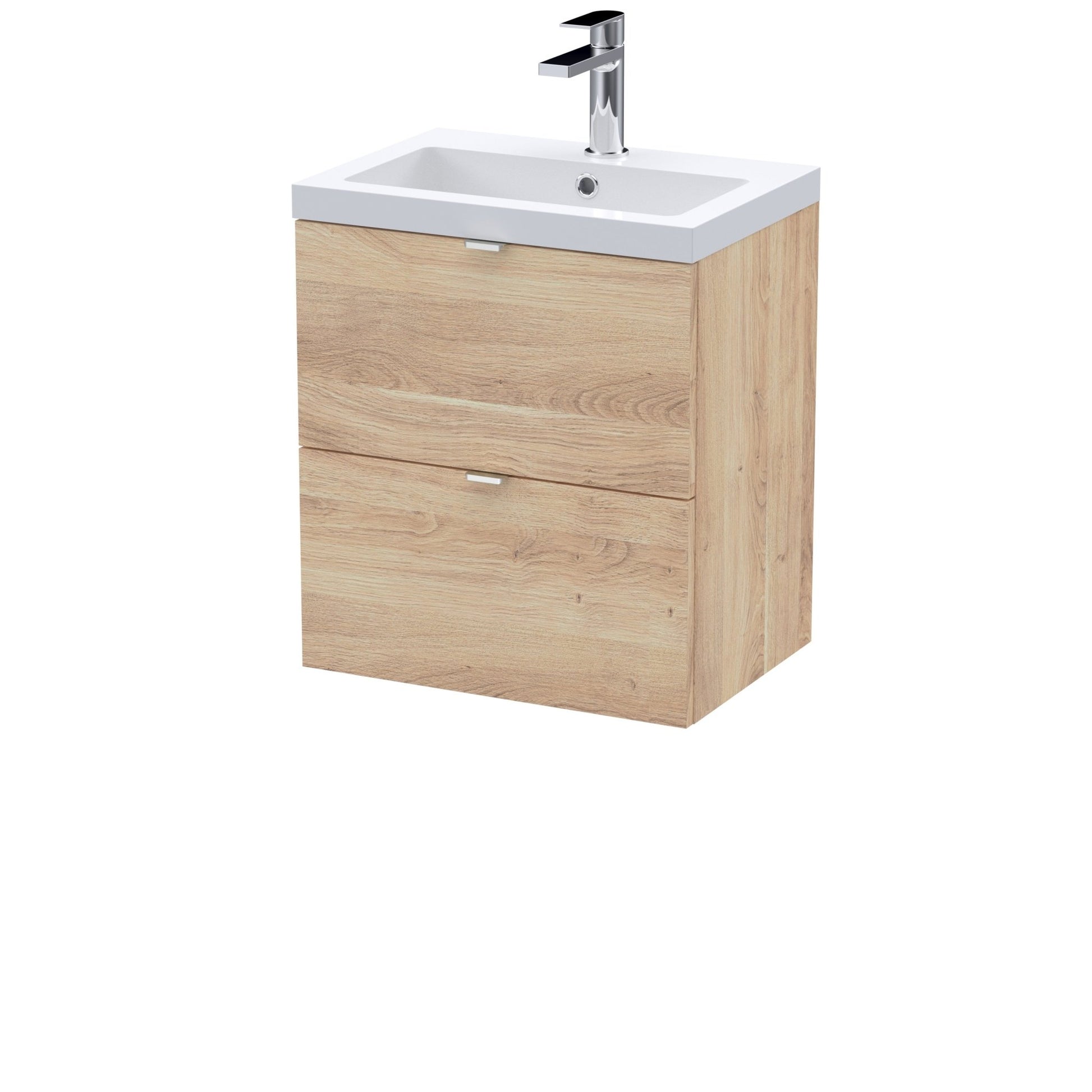 Hudson Reed Fusion 500mm 2 - drawer Wall Hung Unit & Basin Contemp Bleached Oak MFC Textured Woodgrain 580x505x383mm - JJ Building Materials