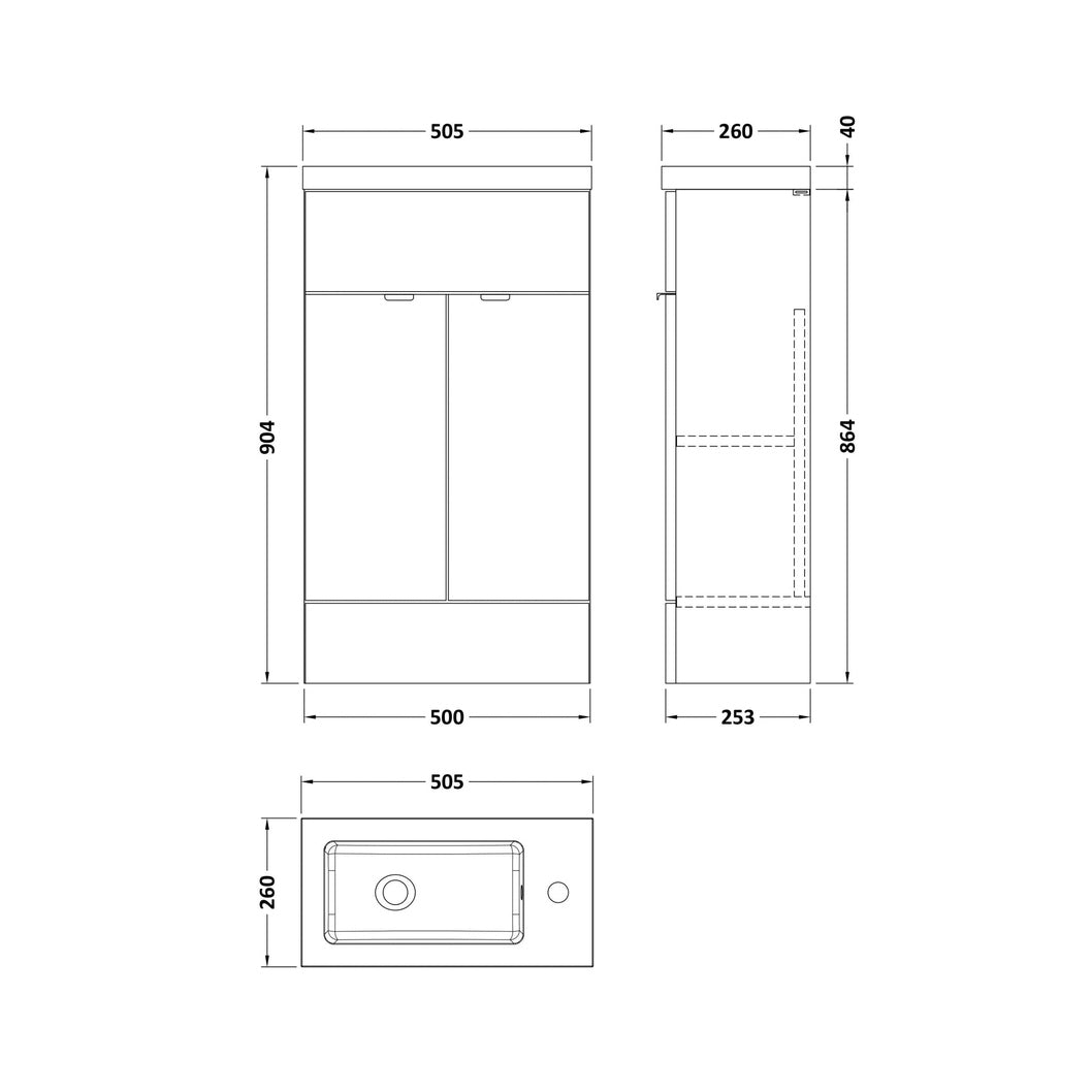 Hudson Reed Fusion 500mm Vanity Unit & Basin - Compact Contemp Gloss White MFC Painted Gloss 904x505x260mm - JJ Building Materials