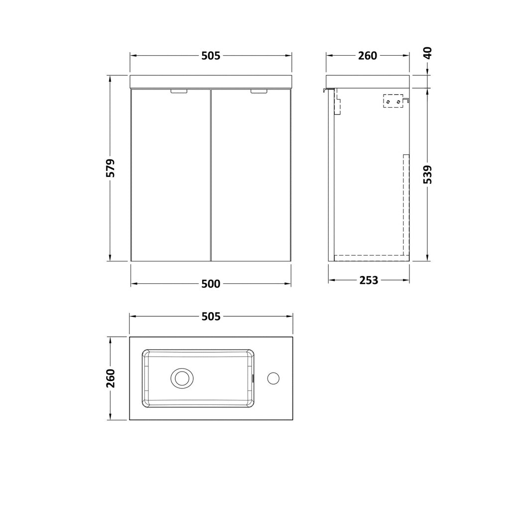 Hudson Reed Fusion 500mm Vanity Unit & Basin Contemp Anthracite Woodgrain MFC Textured Woodgrain 579x505x260mm - JJ Building Materials