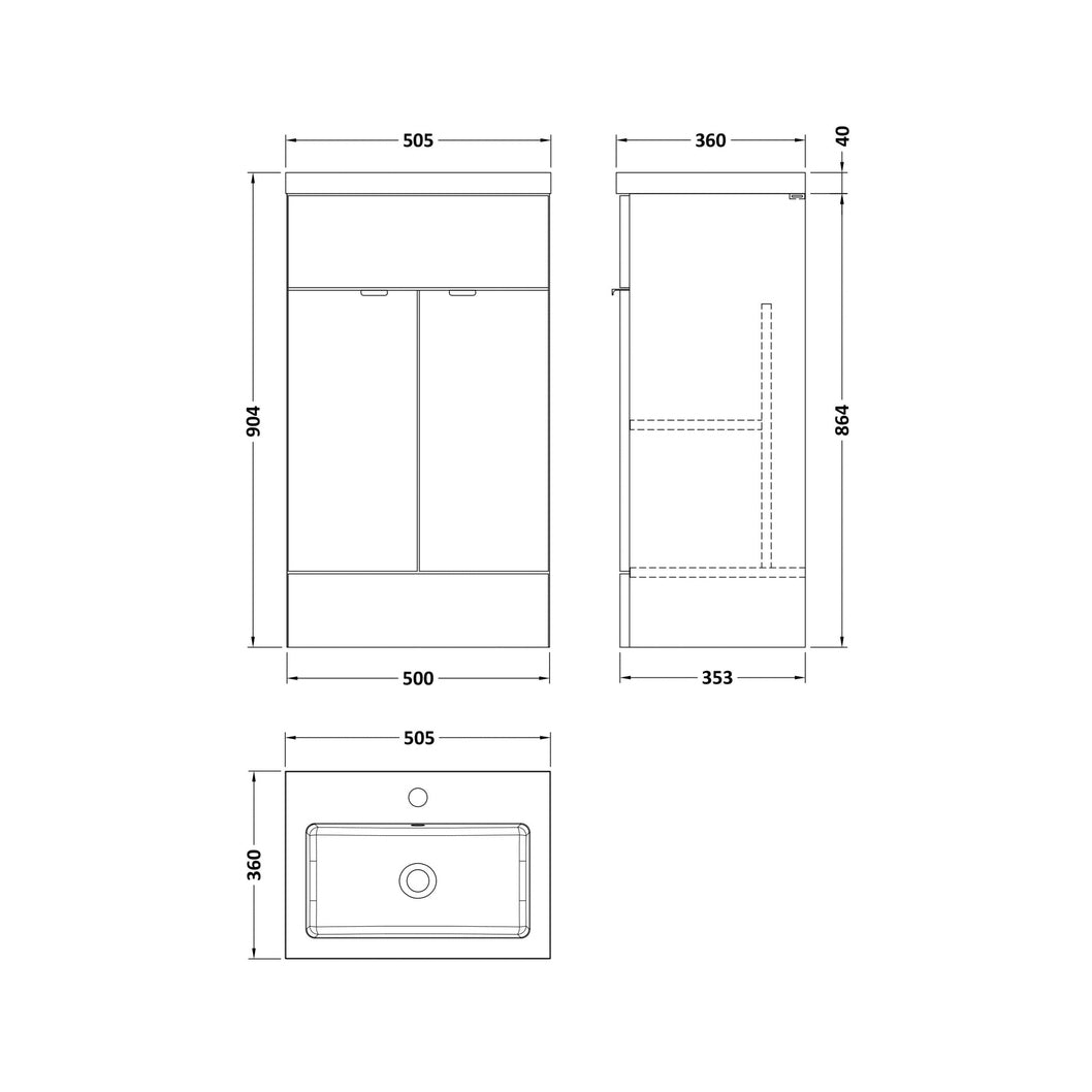 Hudson Reed Fusion 500mm Vanity Unit & Basin Contemp Gloss White MFC Painted Gloss 904x505x360mm - JJ Building Materials