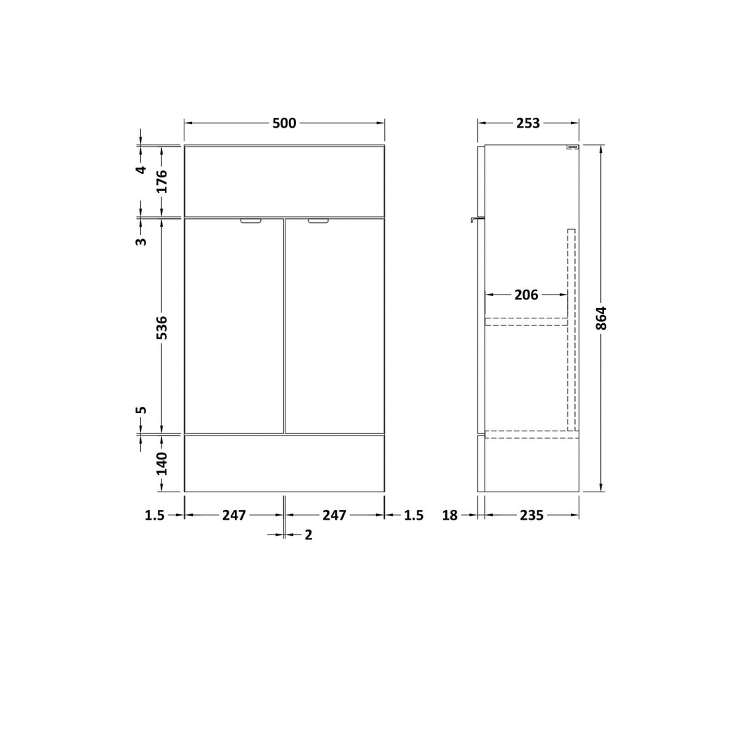 Hudson Reed Fusion 500mm Vanity Unit - Compact Contemp Gloss Grey MFC Painted Gloss 864x500x255mm - JJ Building Materials