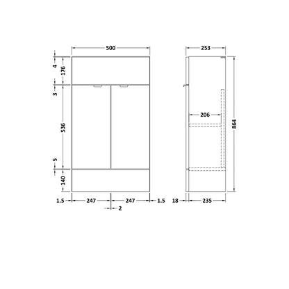 Hudson Reed Fusion 500mm Vanity Unit - Compact Contemp Gloss White MFC Painted Gloss 864x500x255mm - JJ Building Materials