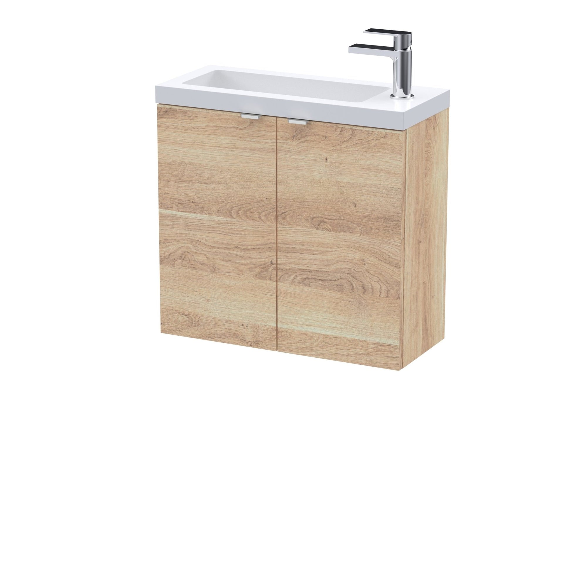 Hudson Reed Fusion 600mm 2 - door Wall Hung Unit & Basin Contemp Bleached Oak MFC Textured Woodgrain 580x603x283mm - JJ Building Materials
