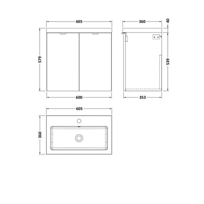 Hudson Reed Fusion 600mm 2-door Wall Hung Unit & Basin Contemp Bleached Oak MFC Textured Woodgrain 580x603x383mm - JJ Building Materials