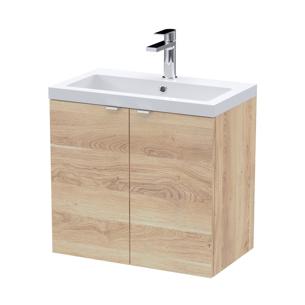 Hudson Reed Fusion 600mm 2-door Wall Hung Unit & Basin Contemp Bleached Oak MFC Textured Woodgrain 580x603x383mm - JJ Building Materials
