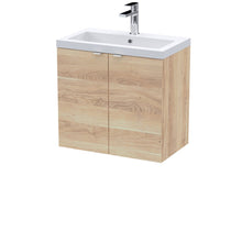Hudson Reed Fusion 600mm 2 - door Wall Hung Unit & Basin Contemp Bleached Oak MFC Textured Woodgrain 580x610x383mm - JJ Building Materials