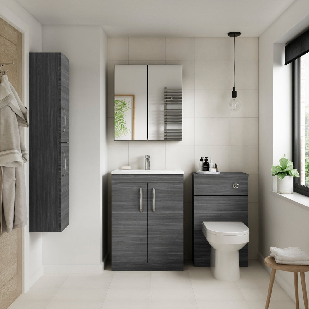 Hudson Reed Fusion 600mm Mirror Unit (50/50) Contemp Graphite Grey Woodgrain MFC Textured Woodgrain 715x600x182mm - JJ Building Materials