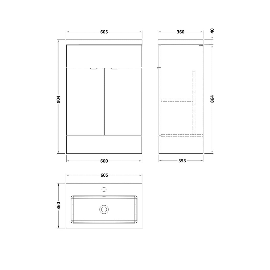 Hudson Reed Fusion 600mm Vanity Unit & Basin Contemp Anthracite Woodgrain MFC Textured Woodgrain 904x605x360mm - JJ Building Materials