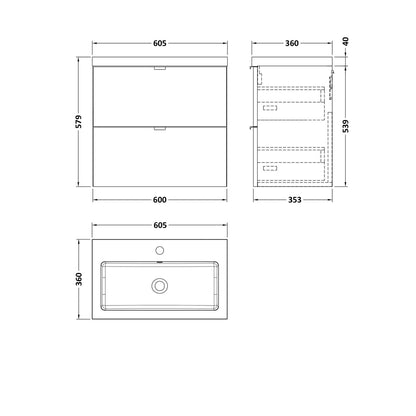 Hudson Reed Fusion 600mm Vanity Unit & Basin Contemp Gloss Grey MFC Painted Gloss 579x605x360mm - CBI930 - JJ Building Materials