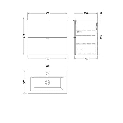 Hudson Reed Fusion 600mm Vanity Unit & Ceramic Basin Contemp Anthracite Woodgrain MFC Textured Woodgrain 579x605x360mm - CBI530A - JJ Building Materials