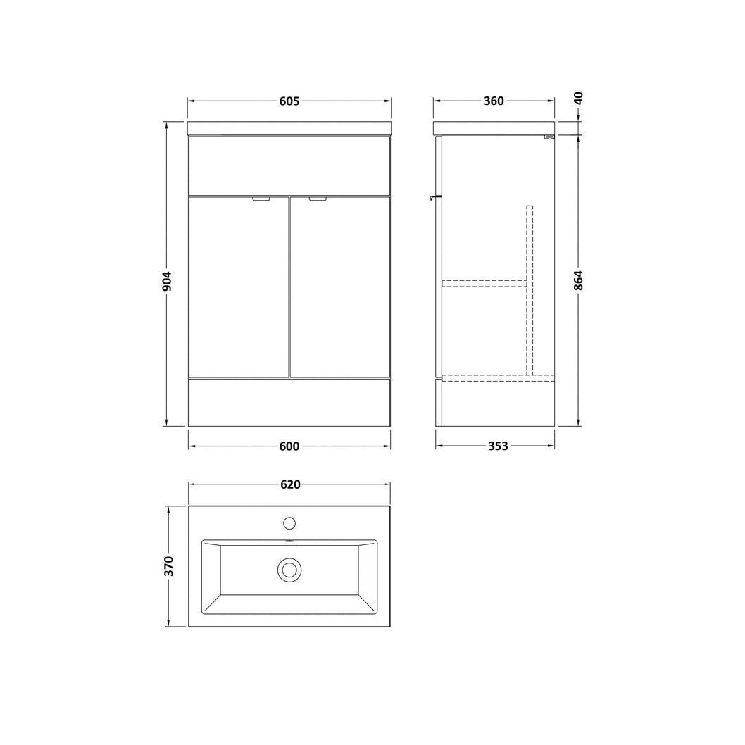 Hudson Reed Fusion 600mm Vanity Unit & Ceramic Basin Contemp Charcoal Black MFC Textured Woodgrain 904x605x360mm - JJ Building Materials