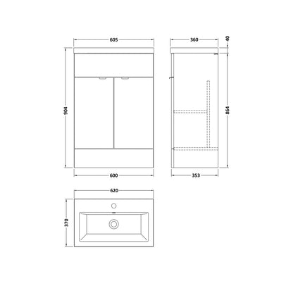 Hudson Reed Fusion 600mm Vanity Unit & Ceramic Basin Contemp Gloss Grey MFC Painted Gloss 904x605x360mm - JJ Building Materials