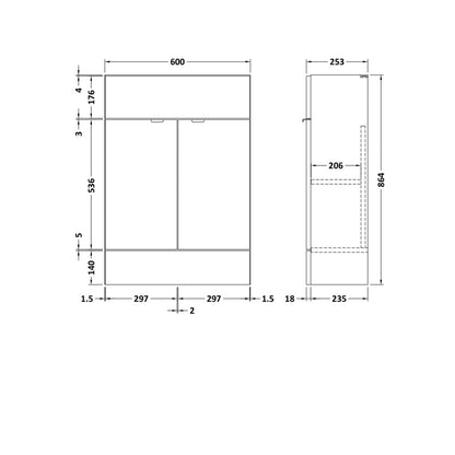 Hudson Reed Fusion 600mm Vanity Unit - Compact Contemp Gloss White MFC Painted Gloss 864x600x255mm - JJ Building Materials