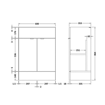 Hudson Reed Fusion 600mm Vanity Unit Contemp Gloss Grey MFC Painted Gloss 864x600x355mm - JJ Building Materials