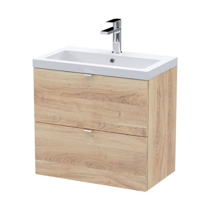 Hudson Reed Fusion 600mm Wall Hung 2-drawer Unit & Basin Contemp Bleached Oak MFC Textured Woodgrain 580x603x383mm - JJ Building Materials