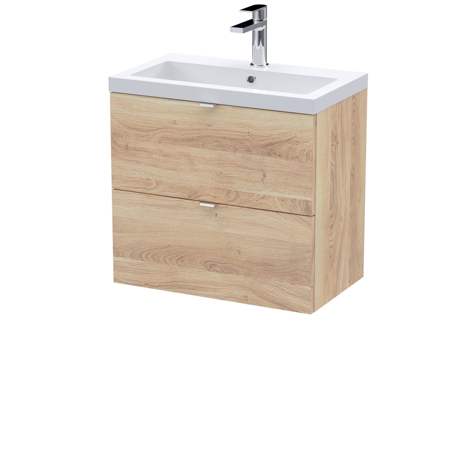 Hudson Reed Fusion 600mm Wall Hung 2 - drawer Unit & Basin Contemp Bleached Oak MFC Textured Woodgrain 580x603x383mm - JJ Building Materials