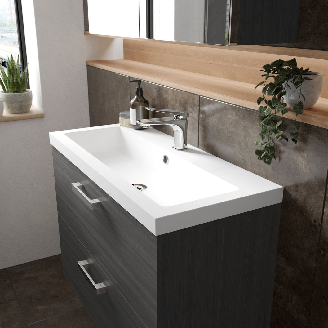 Hudson Reed Fusion 800mm Vanity Unit & Basin Contemp Anthracite Woodgrain MFC Textured Woodgrain 579x805x360mm - JJ Building Materials