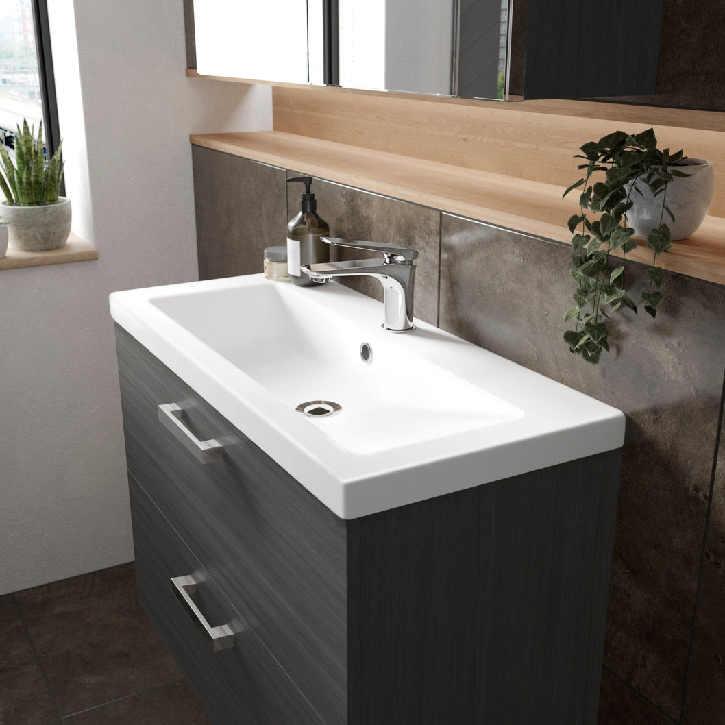 Hudson Reed Fusion 800mm Vanity Unit & Ceramic Basin Contemp Anthracite Woodgrain MFC Textured Woodgrain 579x805x360mm - JJ Building Materials