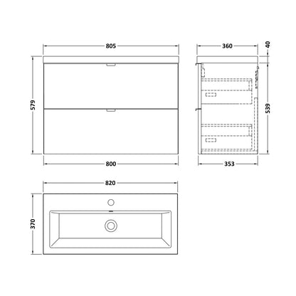 Hudson Reed Fusion 800mm Vanity Unit & Ceramic Basin Contemp Charcoal Black MFC Textured Woodgrain 579x805x360mm - JJ Building Materials
