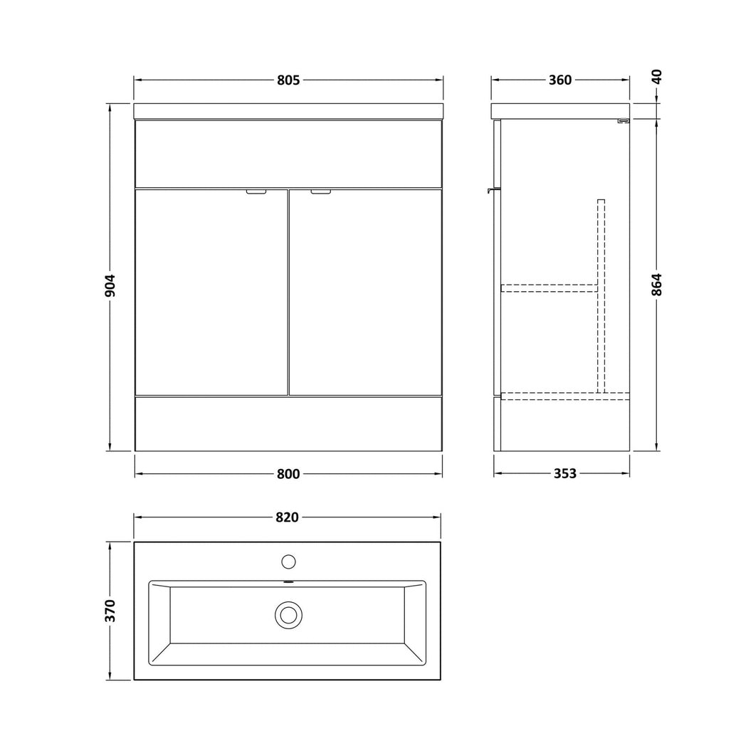 Hudson Reed Fusion 800mm Vanity Unit & Ceramic Basin Contemp Gloss White MFC Painted Gloss 904x805x360mm - JJ Building Materials