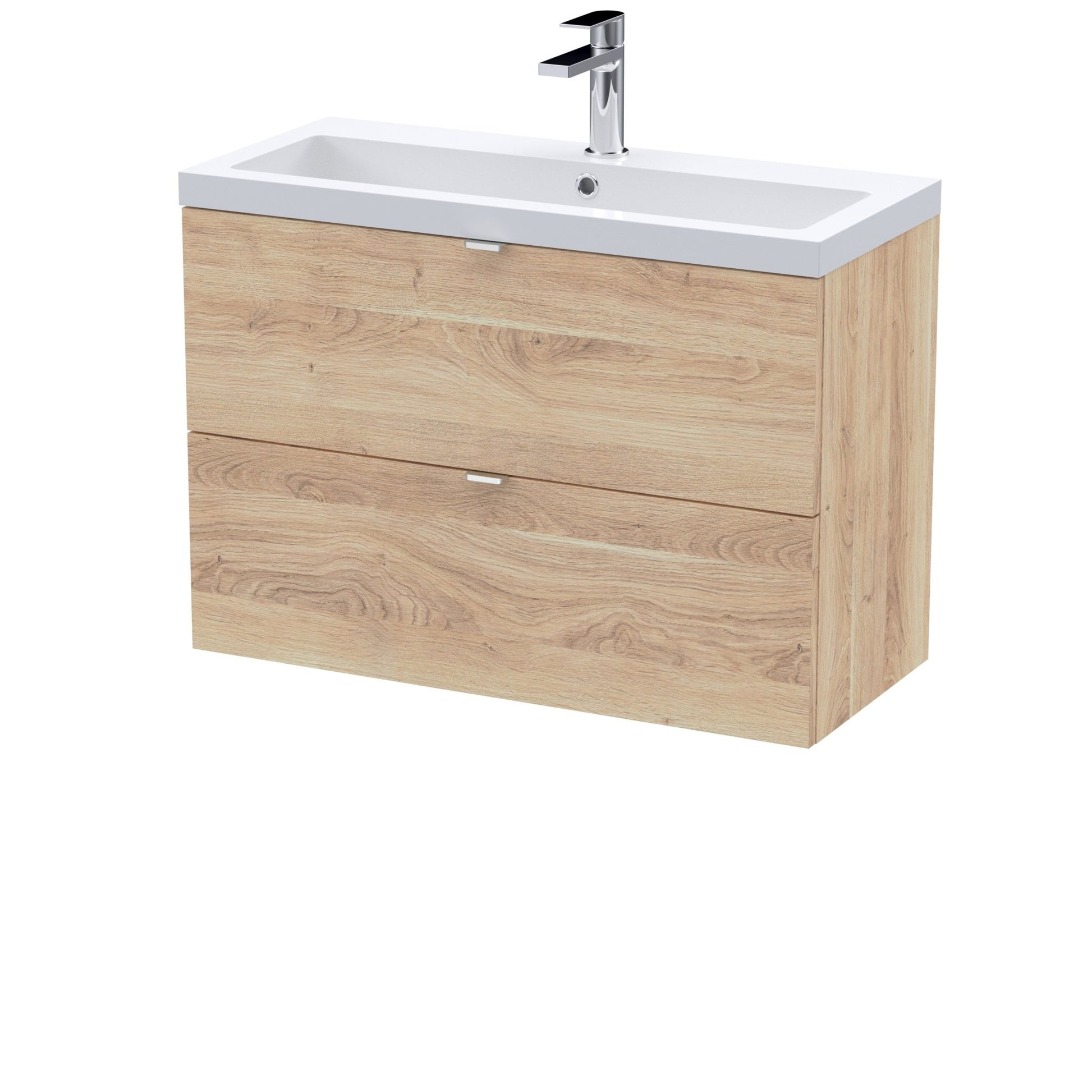 Hudson Reed Fusion 800mm Wall Hung 2 - drawer Unit & Basin Contemp Bleached Oak MFC Textured Woodgrain 580x805x383mm - JJ Building Materials