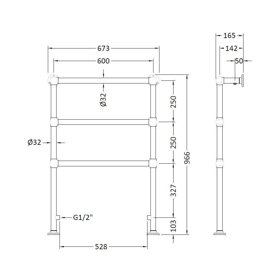 Hudson Reed Heated Towels Rails Countess Trad Chrome Steel 966x676x165mm - JJ Building Materials