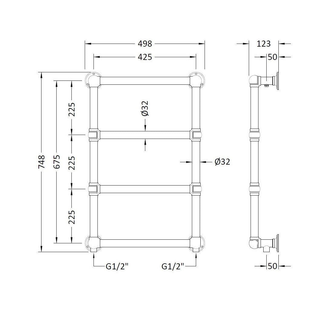Hudson Reed Heated Towels Rails Epsom Wall Mounted Towel Rail Trad Chrome Steel 748x498x123mm - JJ Building Materials
