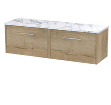 Hudson Reed Juno 1200 Wall Hung 2 - drawer Vanity & Laminate Worktop Contemp Autumn Oak MFC Textured Woodgrain 381x1205x390mm - JNU1822LCM2 - JJ Building Materials