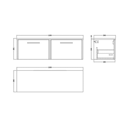 Hudson Reed Juno 1200 Wall Hung 2-drawer Vanity & Laminate Worktop Contemp Coastal Grey MFC Smooth Matt 381x1205x390mm - JNU2322LBG2 - JJ Building Materials